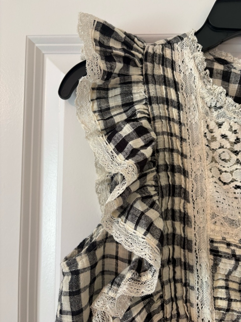 Rare Free People Black and Cream Plaid Ruffle Cropped Top & Shorts Set - Picture 4 of 10
